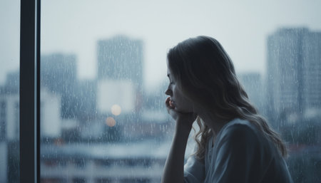 Young woman gazing out rain streaked window at city skyline, lost in solitude and melancholy, thoughtful and pensive in an apartment, feeling sadness and quiet despairの素材
