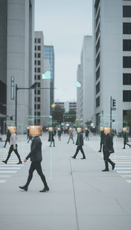 Facial recognition technology identifies a crowd of pedestrians on a city street, depicting biometric identification, digital surveillance, and privacy concerns in a futuristic urban environmentの素材