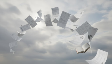 Business reports, financial statements, and tax paperwork are soaring upwards, representing liberation from burdens, financial freedom, and the ease of managing tasks digitally against a cloudy skyの素材