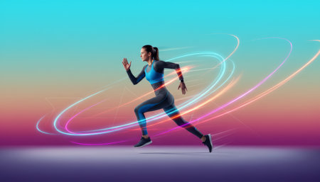 Woman athlete sprinting with dynamic energy, powered by innovative technology, showcasing fitness and speed through vibrant light trails and data visualizationの素材