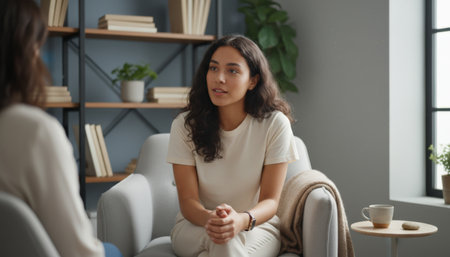 Young woman actively listening and speaking during a confidential therapy session, finding support and guidance from a mental health professional in a comfortable, modern office settingの素材