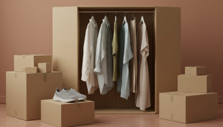 Cardboard boxes are stacked around a temporary wardrobe made from corrugated material, holding various garments on hangers, symbolizing moving, relocation, and new beginningsの素材