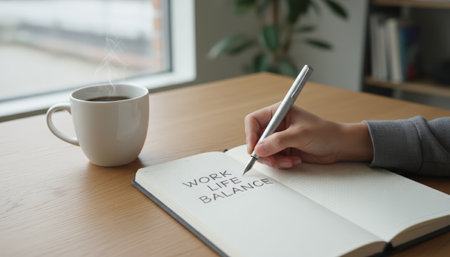 Persons hand holding a fountain pen, actively writing the words work life balance in a journal next to a steaming cup of coffee on a wooden desk, symbolizing career planning and personal well beingの素材