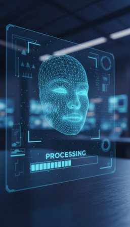 Digital wireframe human face displaying biometric data and processing scan, illustrating advanced facial recognition technology for modern security and personal identificationの素材