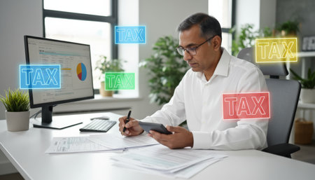 Man in an office is calculating finances with a calculator and reviewing financial documents while tax appears as a glowing digital overlay, symbolizing taxation and financial managementの素材