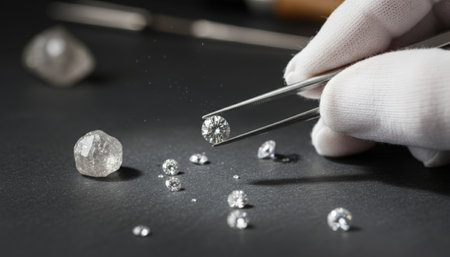 Jeweler hand in white glove holding a sparkling brilliant cut diamond with tweezers, demonstrating precision and quality in the sorting and grading process of raw and finished gemsの素材
