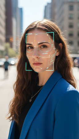 Woman standing outdoors, a futuristic digital overlay scanning her face for biometric authentication, emphasizing modern security, artificial intelligence, and personal data accessの素材