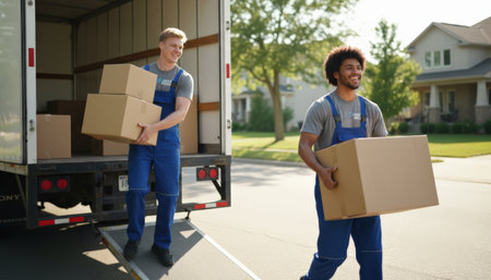 Two smiling professional movers wearing blue uniforms unloading cardboard boxes from the back of a moving truck onto a residential street, completing a relocation serviceの素材
