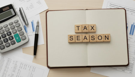 Blocks spelling tax season on an open notebook surrounded by a calculator, pen, and various financial documents on a wooden desk, representing income calculating and accountingの素材