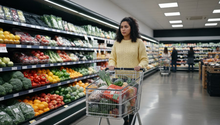 Young woman pushes a shopping cart packed with fresh fruits and vegetables while thoughtfully choosing healthy groceries in a supermarket produce aisle, everyday self care routineの素材