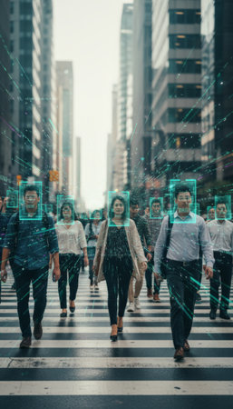 Biometric facial recognition scanning commuters on a busy urban crosswalk, highlighting surveillance, security and smart city technology monitoring crowds in metropolitan daily lifeの素材