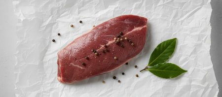 Raw seasoned duck breast on crumpled white paper, prepared for cooking, showcasing fresh ingredients and gourmet poultry meat ready for culinary preparationの素材