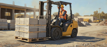 Construction worker in hard hat and safety vest operating a yellow forklift, transporting a pallet of concrete blocks across a dusty building site under a clear skyの素材