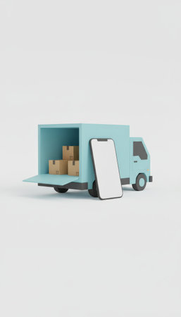 Light blue delivery truck carrying cardboard boxes with a smartphone leaning against it, symbolizing e commerce, online shopping, and efficient logisticsの素材
