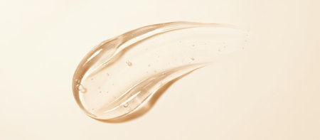 Golden transparent gel texture swatch on light background showing beauty cosmetic product smearing with air bubbles, perfect for demonstrating a skincare serum or hygiene liquidの素材