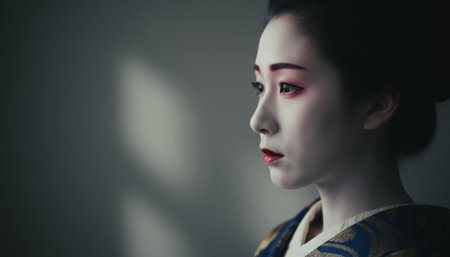 Young japanese woman applying white make up, wearing an elaborate kimono and traditional hair bun, portraying a captivating look of contemplation and traditionの素材