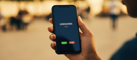 Person holding a smartphone receiving an incoming call from an unknown number with options to decline or answer, representing a decision about privacy and unexpected communicationの素材