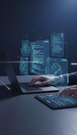 Developers hands are interacting with a laptop and digital tablet, displaying holographic interfaces with code, data analysis, and advanced user experience elements in a high tech environmentの素材