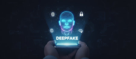 Hands holding a smartphone projecting a glowing wireframe human head labeled deepfake with ai, fingerprint and cybersecurity lock icons on a dark digital backgroundの素材