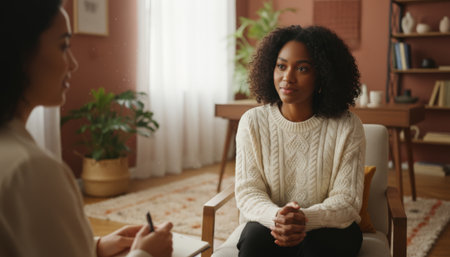 Young black woman sitting in a comfortable armchair, listening attentively to her therapist or counselor, focusing on mental health and receiving therapyの素材