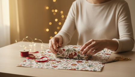 Womans hands carefully folding patterned wrapping paper around a gift box, preparing for festive celebrations on a wooden table with ribbon, scissors, and bokeh lightsの素材