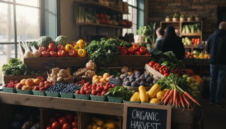 Customers browsing a wide selection of colorful, healthy fruits and vegetables, including berries, peppers, and greens, arranged on wooden shelves in a vibrant market settingの素材