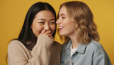 Young diverse women sharing a moment of secret gossip, one whispering into the others ear, smiling widely and covering her mouth, showing genuine happiness and friendshipの素材