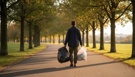 Person carrying full trash bags, one black and one clear filled with collected litter, walking away on a paved path in a park on a sunny day amongst a tree lined avenueの素材