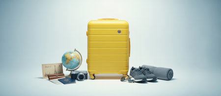 Yellow suitcase standing among travel accessories like a globe, passport, tickets, camera, wallet, sunglasses, sneakers, and a rolled towel, ready for an adventureの素材