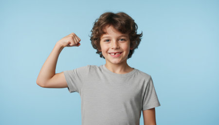 Young boy with curly hair smiling broadly, confidently flexing a bicep while standing against a bright blue background, symbolizing health and childhood developmentの素材