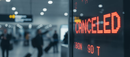 Airport information board displaying a canceled message in red text for a flight, signifying travel disruptions and passenger inconvenience in a busy terminal environmentの素材
