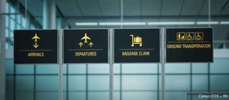 Airport information signs providing clear directions for arrivals, departures, baggage claim, and ground transportation, essential for guiding travelers through the terminal buildingの素材
