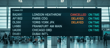 Departure board showing flight status updates for various destinations, with some flights cancelled and others delayed, indicating travel disruptions and waiting in a modern airport terminalの素材