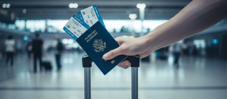 Traveler hand holding a passport and boarding passes, representing international travel, global mobility, and migration, preparing for a journey at the airport with luggageの素材