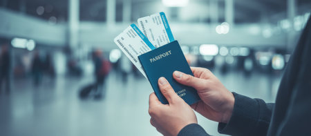 Persons hands holding a blue passport and two airplane boarding passes, preparing for international travel and global journey in a busy airport terminalの素材