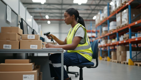 Young black woman sitting at a desk in a logistics warehouse, scanning barcode on cardboard boxes with a handheld scanner, managing inventory and preparing orders for shippingの素材