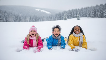 Three diverse young children lying down on a snow covered field in winter, laughing and playing together outdoor, enjoying fresh falling snow with a forest in the backgroundの素材