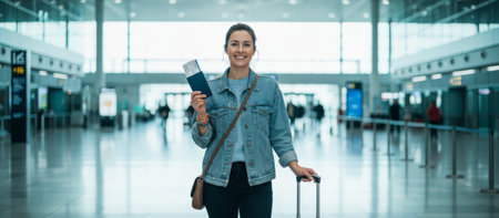 Young happy woman traveling, standing in an airport terminal holding a passport with a boarding pass and a rolling suitcase, ready for global travel and international departureの素材