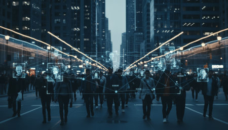 City pedestrians under digital facial recognition overlays with biometric data points and neural network connections, visualizing surveillance, ai tracking and urban data monitoringの素材