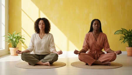 Two diverse women sitting in a lotus pose on yoga mats with eyes closed, finding inner peace and balance during a meditation session for spiritual well beingの素材