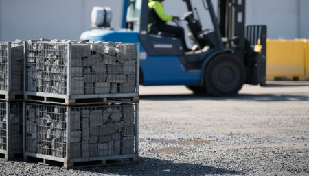 Forklift operator transporting crates of concrete paving stones on metal pallets across a gravel industrial yard, managing construction materials and logisticsの素材