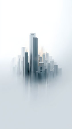 Abstract cityscape showing a cluster of glass and metal skyscrapers rising from a dense white fog, creating a futuristic, minimalist, and ethereal urban architectural conceptの素材