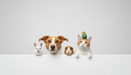 Group portrait of a dog, cat, budgie, rabbit and guinea pig peeking over a white surface, studio shot heads together for a charming, diverse pet family portrait, copy spaceの素材