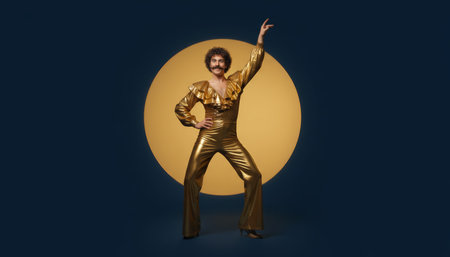 Man in a shiny gold ruffled jumpsuit and mustache striking a pose, embodying the energetic and flamboyant spirit of 70s disco dance culture against a vibrant yellow circle on a dark backgroundの素材