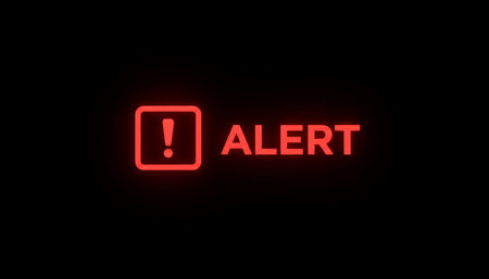 Conceptual digital alert message illuminating on a black screen, displaying a red exclamation mark inside a square icon and the word alert, indicating a system error or technical issueの素材