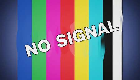 Television screen displaying a retro test pattern with no signal message, indicating a broadcast error or technical issue affecting the tv transmissionの素材