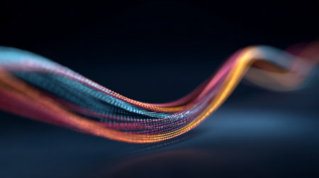 Abstract stream of light particles creating a colorful, wavy line, representing high speed data transfer and network connection in a digital technology conceptの素材