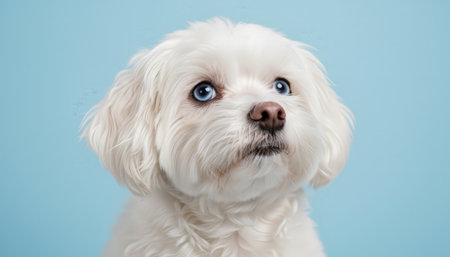 White fluffy maltese dog puppy with striking blue eyes posing against a solid light blue background, looking attentively upwards with a sweet expression, conveying innocence and companionshipの素材