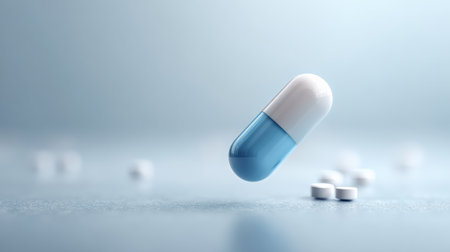 Blue and white medical capsule levitating above scattered white pills on a pale blue background, conveying pharmaceutical innovation, treatment, healthcare and recovery conceptsの素材