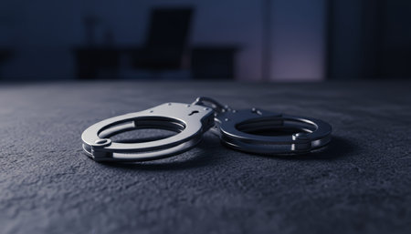 Metal handcuffs on a textured floor, conveying arrest, restraint and justice in a dim, somber settingsymbolizing crime, detention, investigation and loss of freedomの素材
